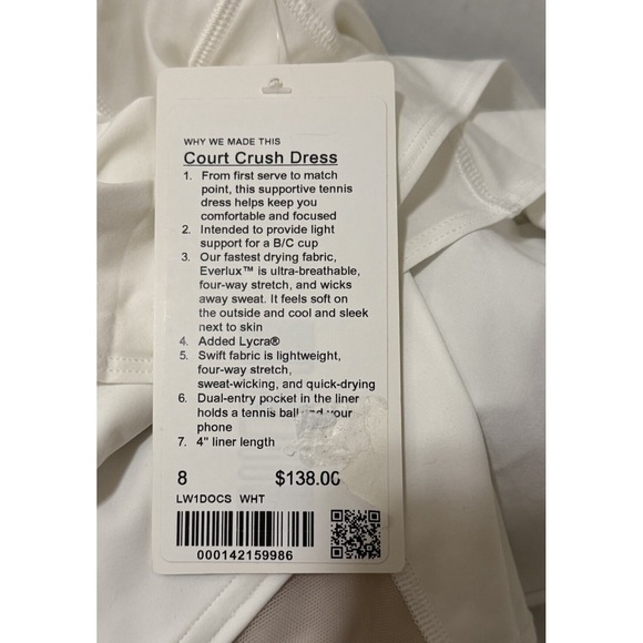 NEW wTag-LULULEMON White Court Crush Athletic Sport Tennis Dress 8 - Picture 9 of 11